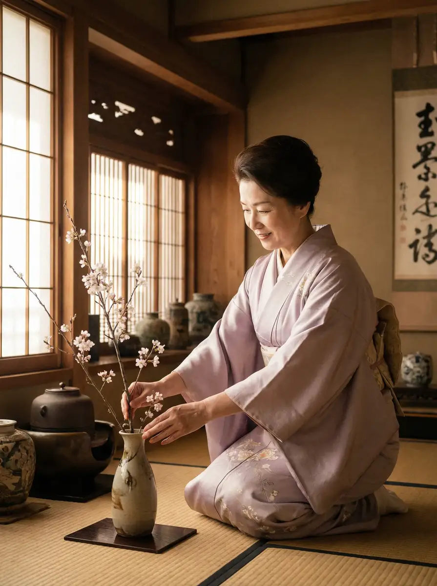 一位优雅的 9sp体育平台 在和室中插花